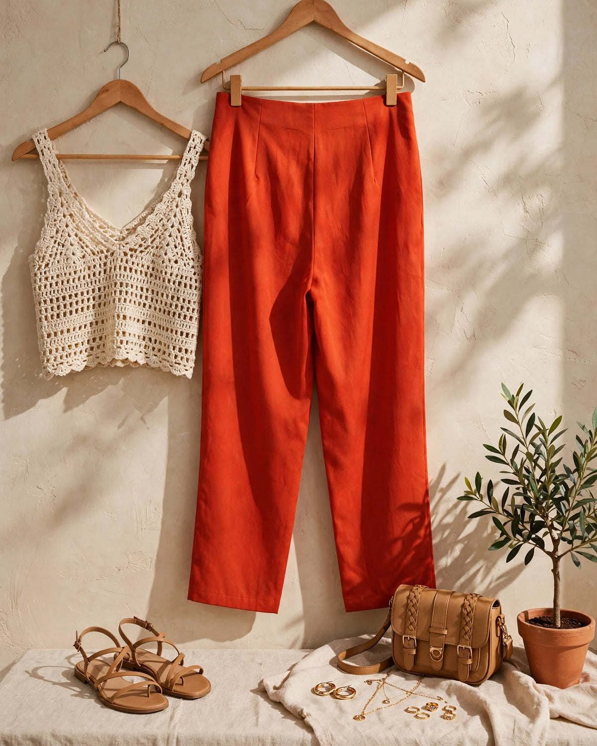 Burnt Orange High-Waisted Pleated Straight-Leg Pants - Size 44