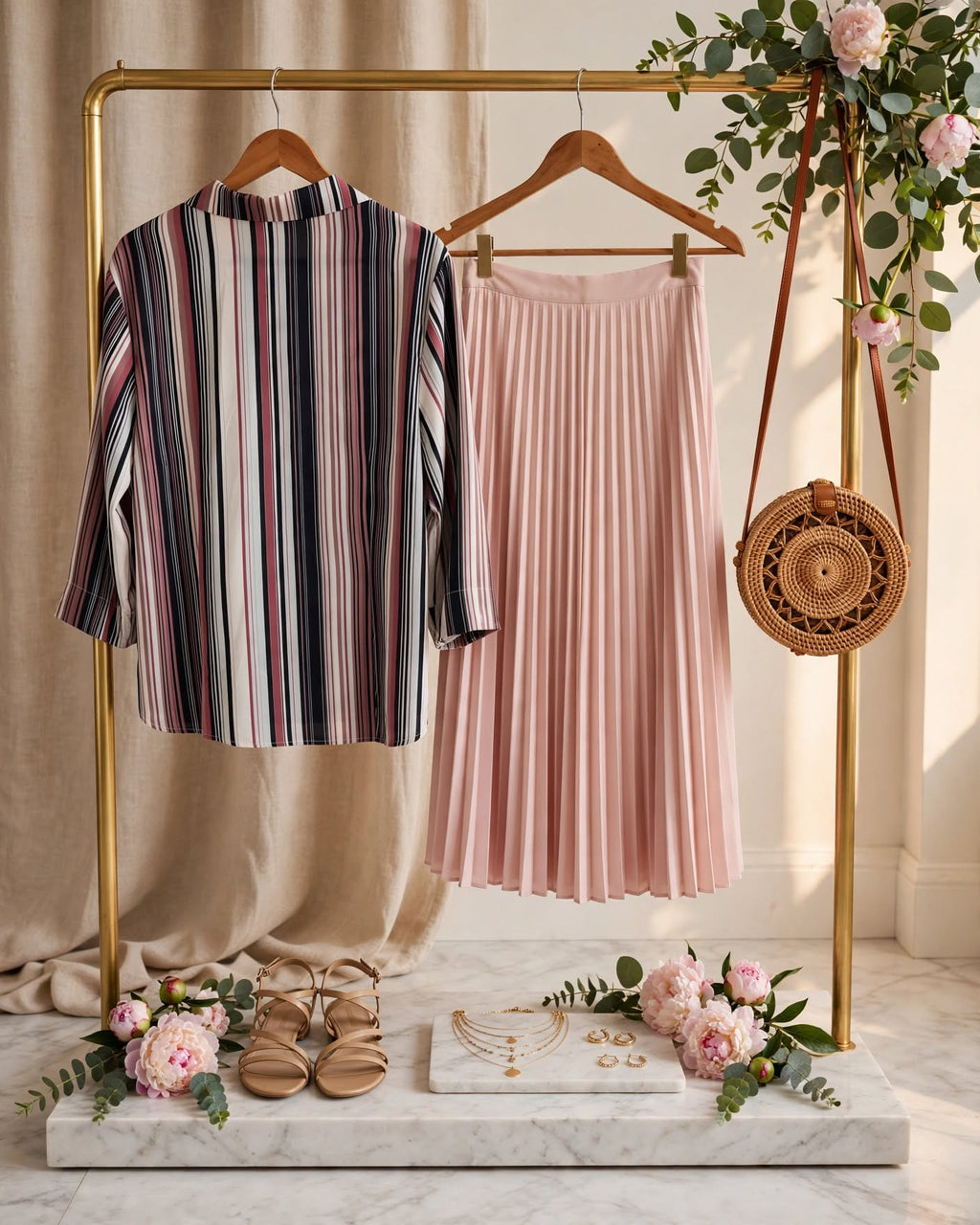 Black, Cream & Dusty Rose American Casual Striped Camp Collar Blouse - Size Medium