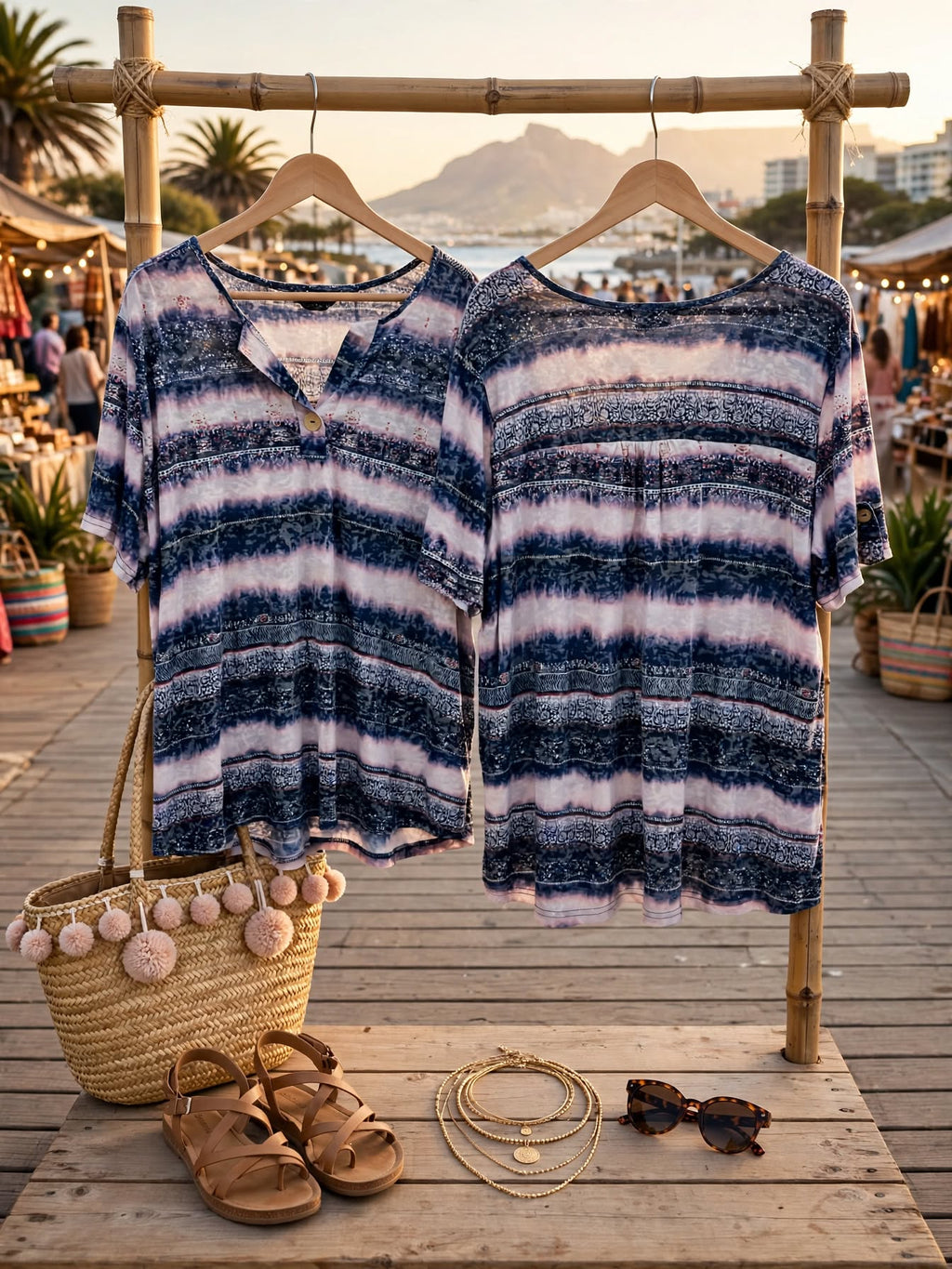 Miladys Boho Navy & Blush Pink Tie-Dye Tribal Striped V-Neck Flowy Blouse - Size 2XL