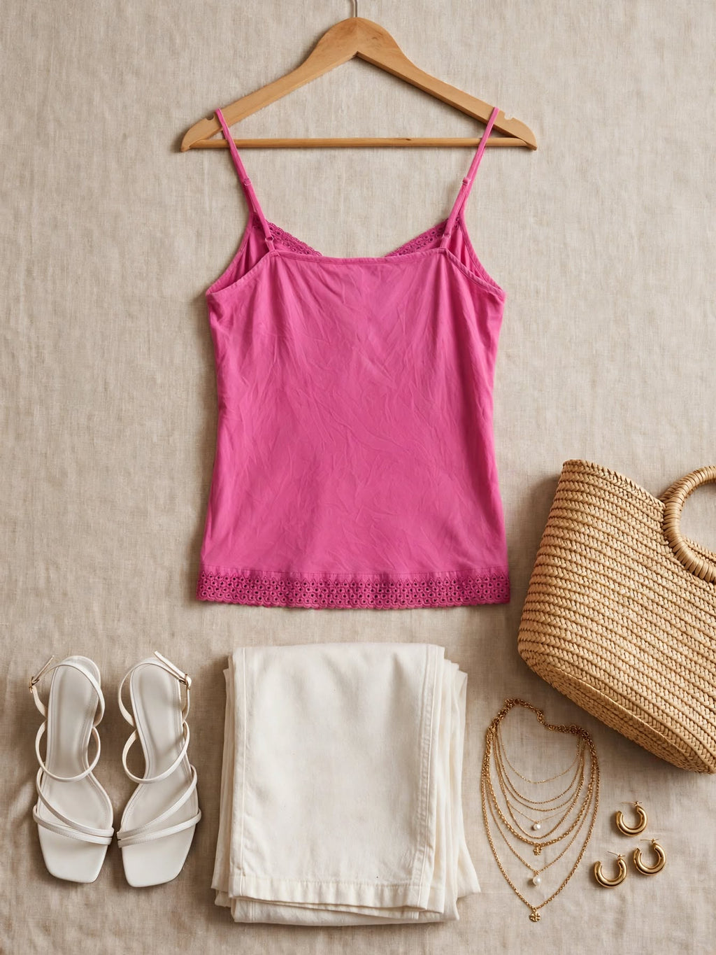 Miladys Pink Eyelet Lace Trim Cotton Cami Top - Size 44