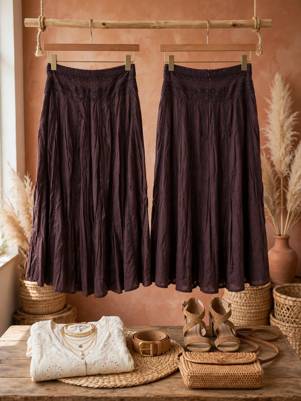 Boho Espresso Brown Lace Yoke Midi Skirt - Size 8