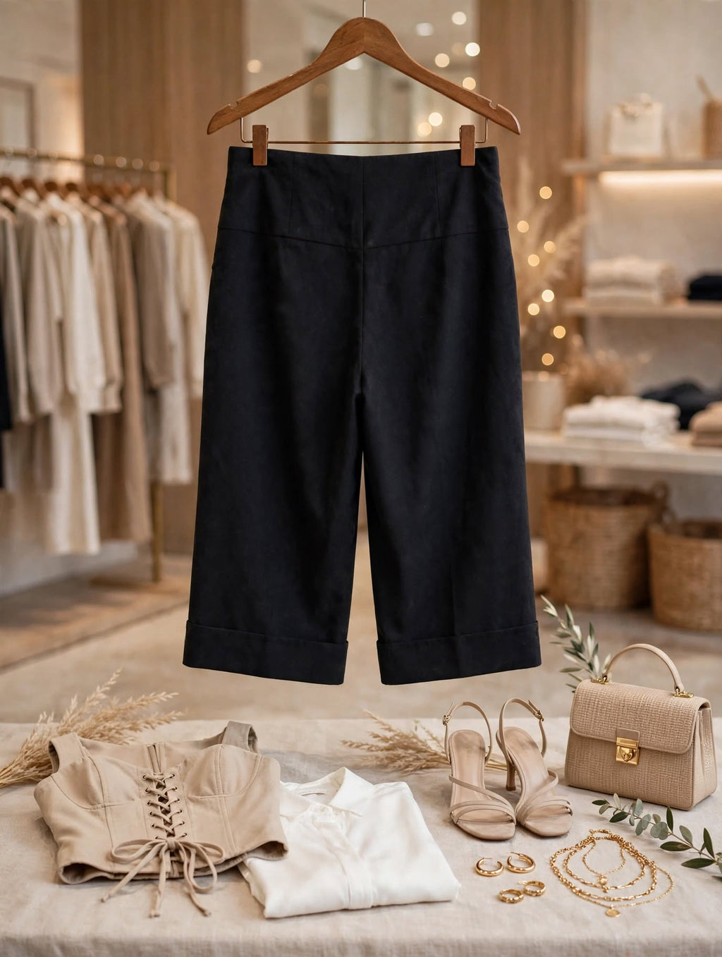 Massumi Black High-Waisted Wide-Leg Cropped Capri Pants - Size 16 / 40