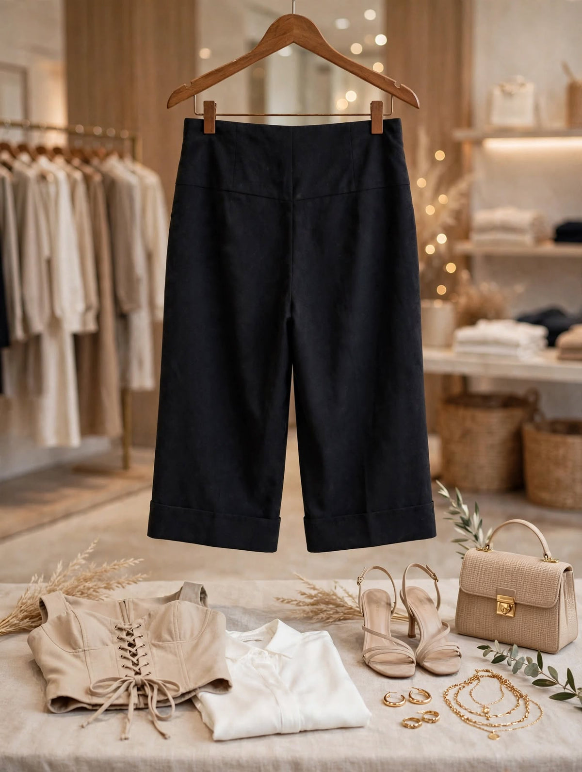 Massumi Black High-Waisted Wide-Leg Cropped Capri Pants - Size 16 / 40