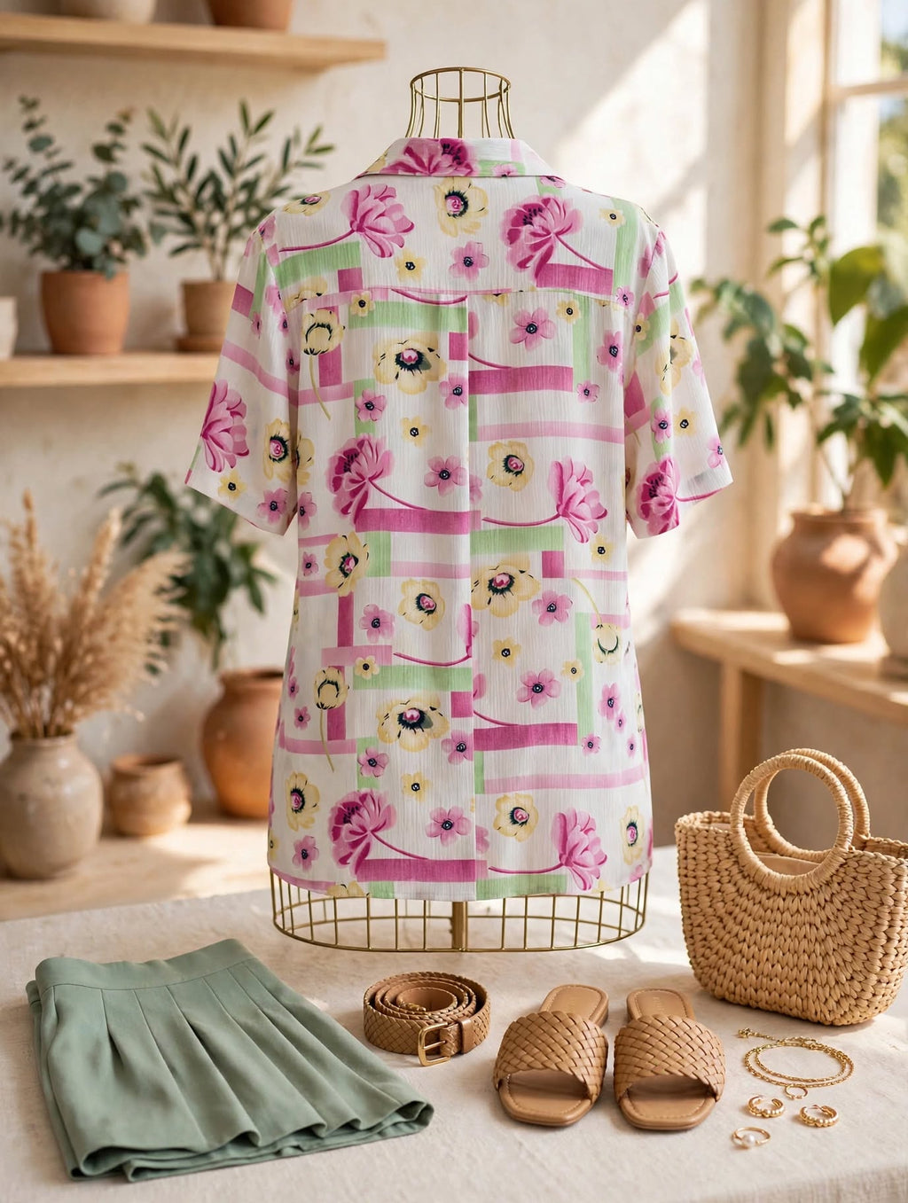 Pink & Sage Green Geometric Floral Print Park Avenue Floral Blouse - Size 10