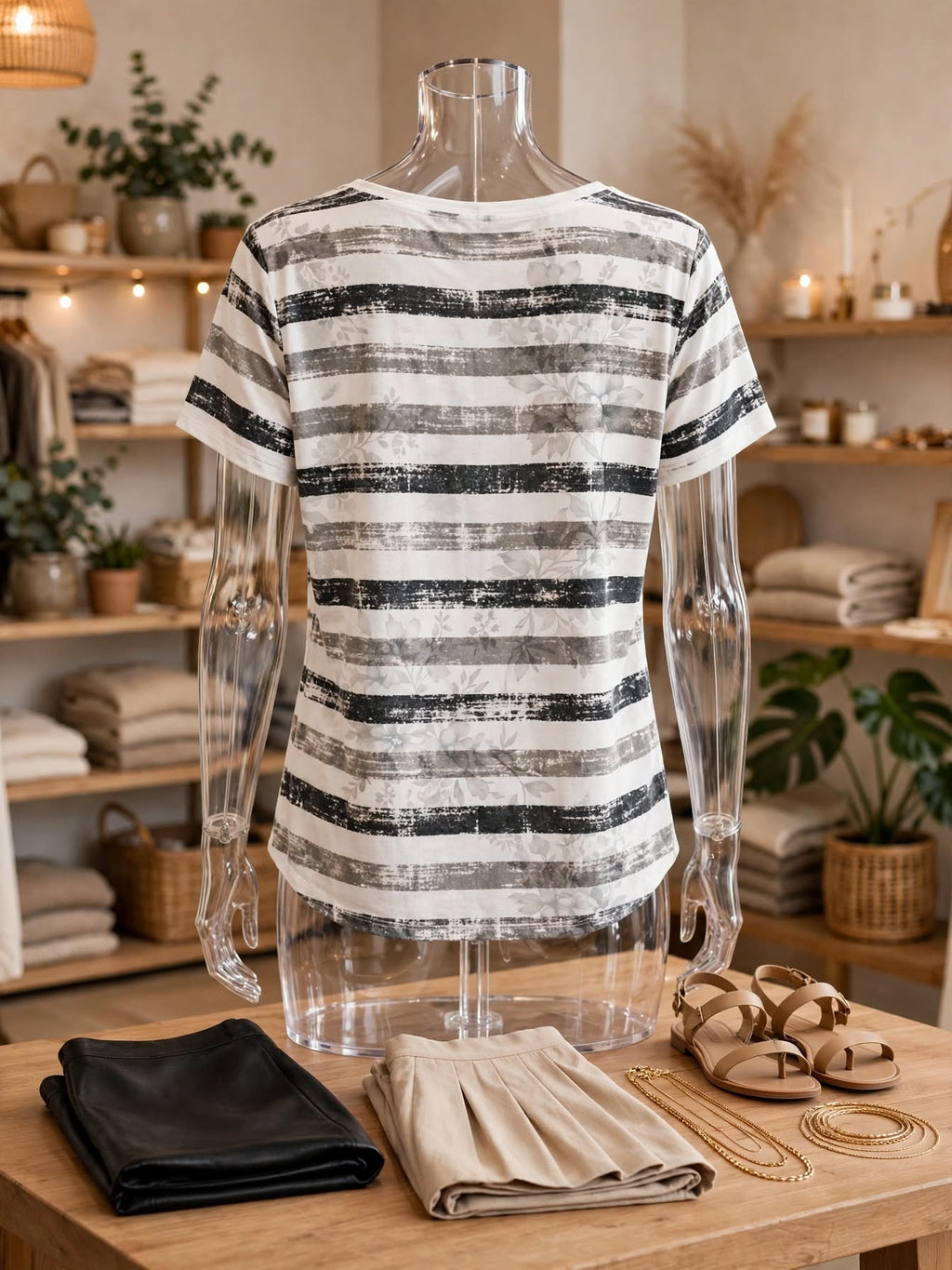 Miladys White & Black Stripe with Pink Floral Blouse - Size Medium