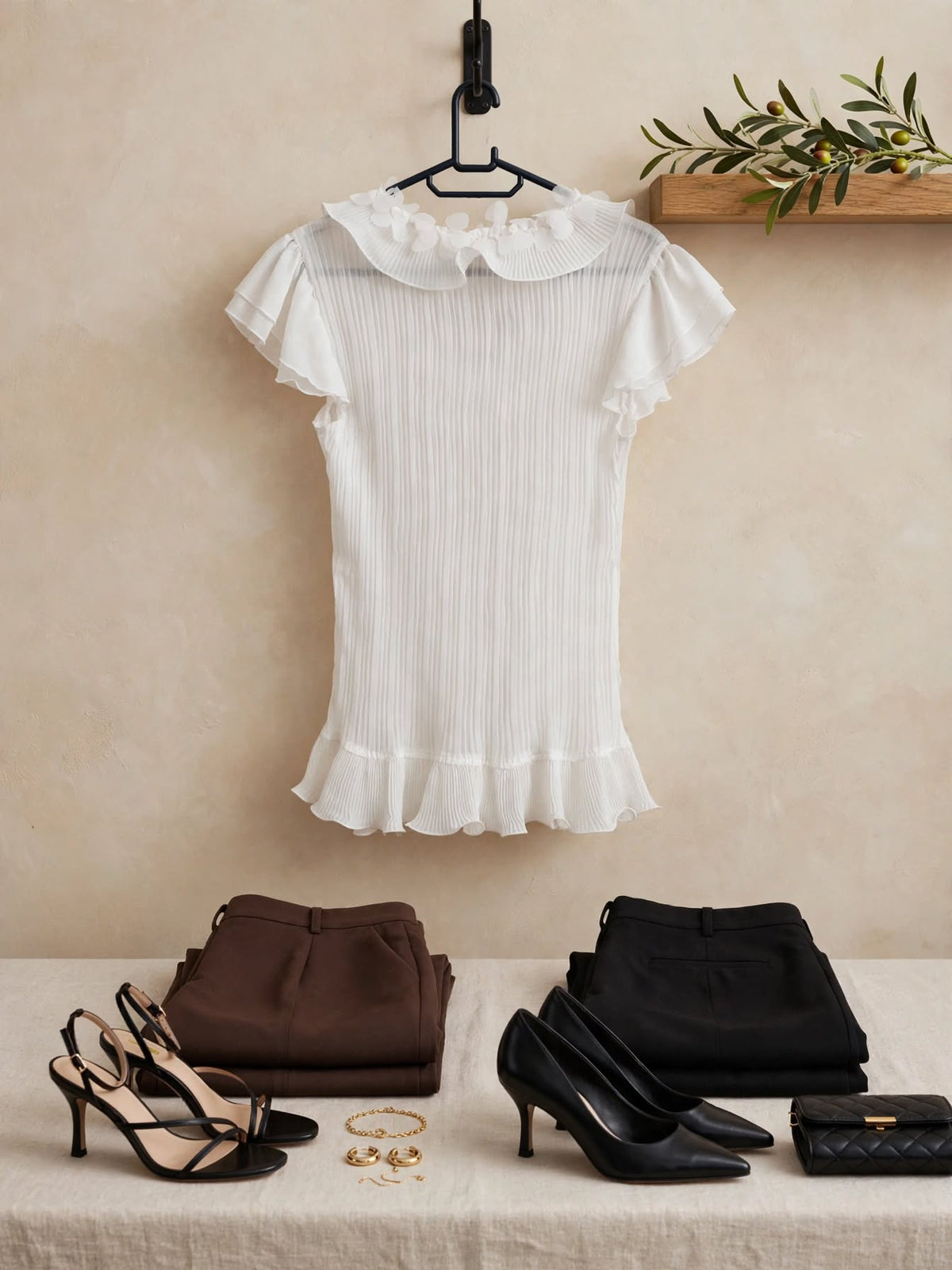 White Pleated Petal Ruffle Flutter Sleeve Blouse - Size Small