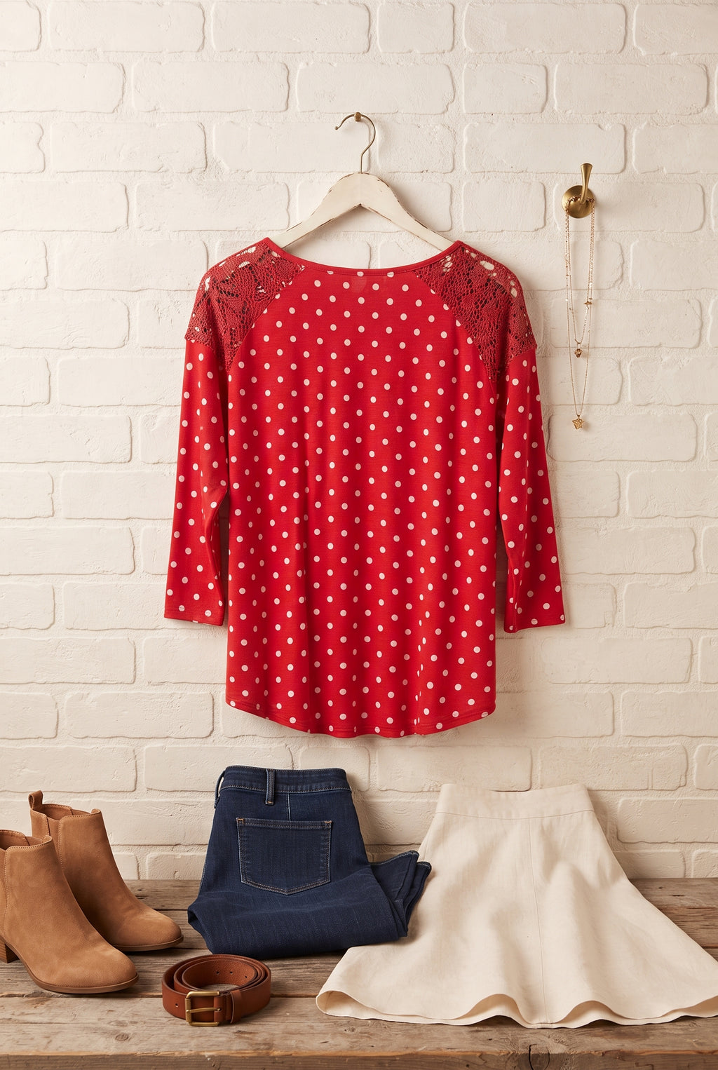 Woolworths Red & White Polka Dot Blouse with Crochet Lace Detail – Size Medium