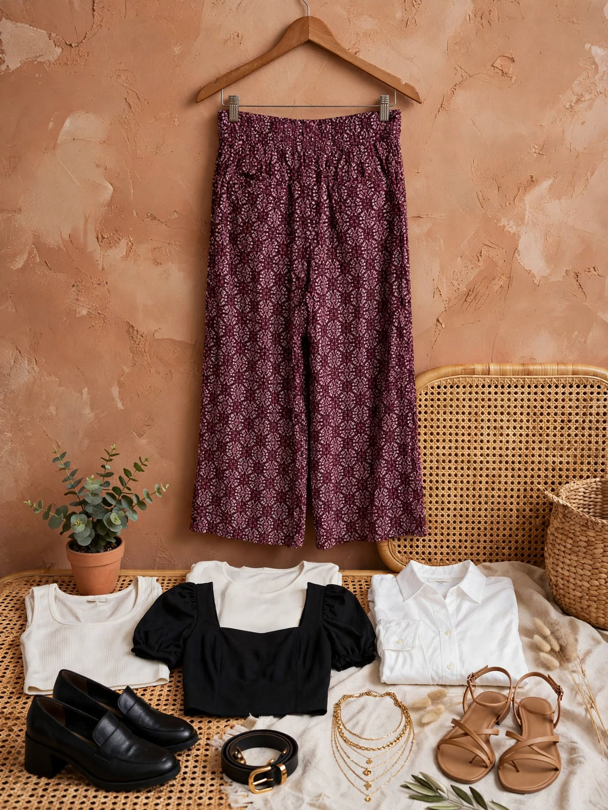 Ackermans Tango Burgundy Floral Wide-Leg Tie-Waist Culottes Pants - Size 38