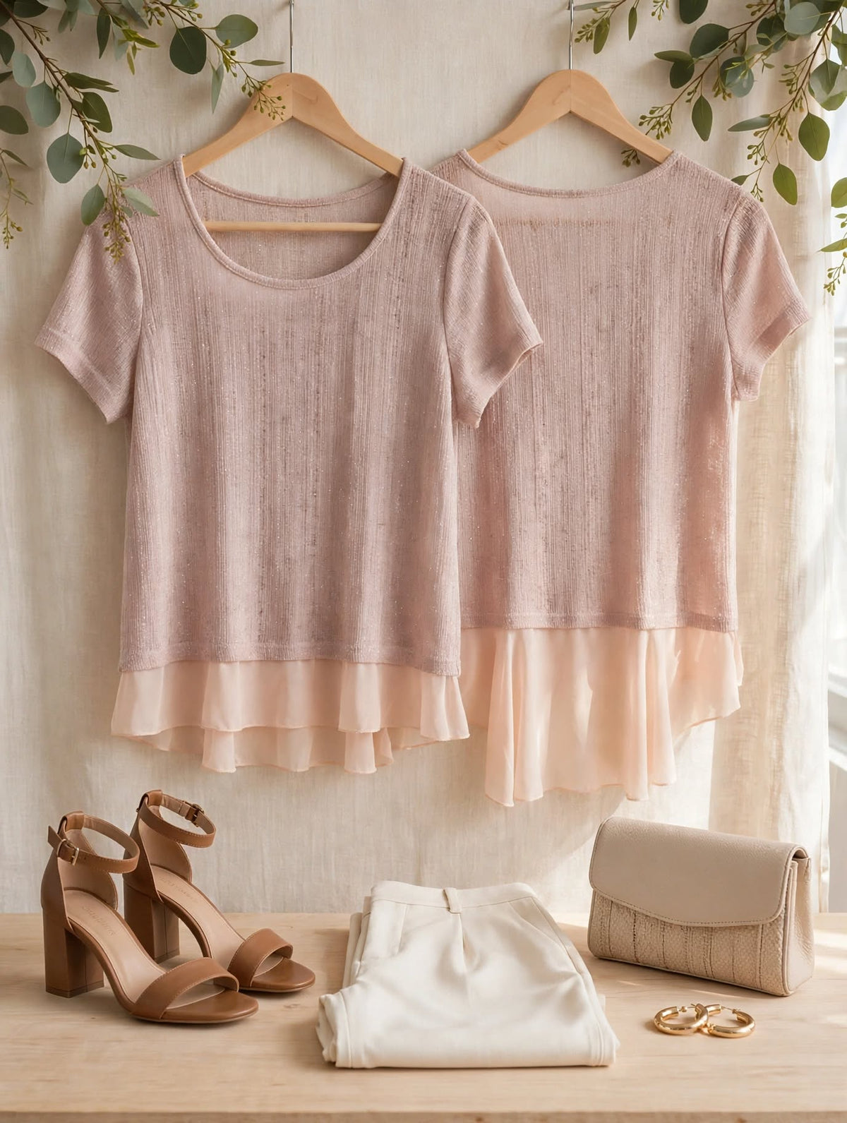Rage 4 Me Blush Pink Sparkle Knit Top with High-Low Chiffon Ruffle Hem - Size Medium