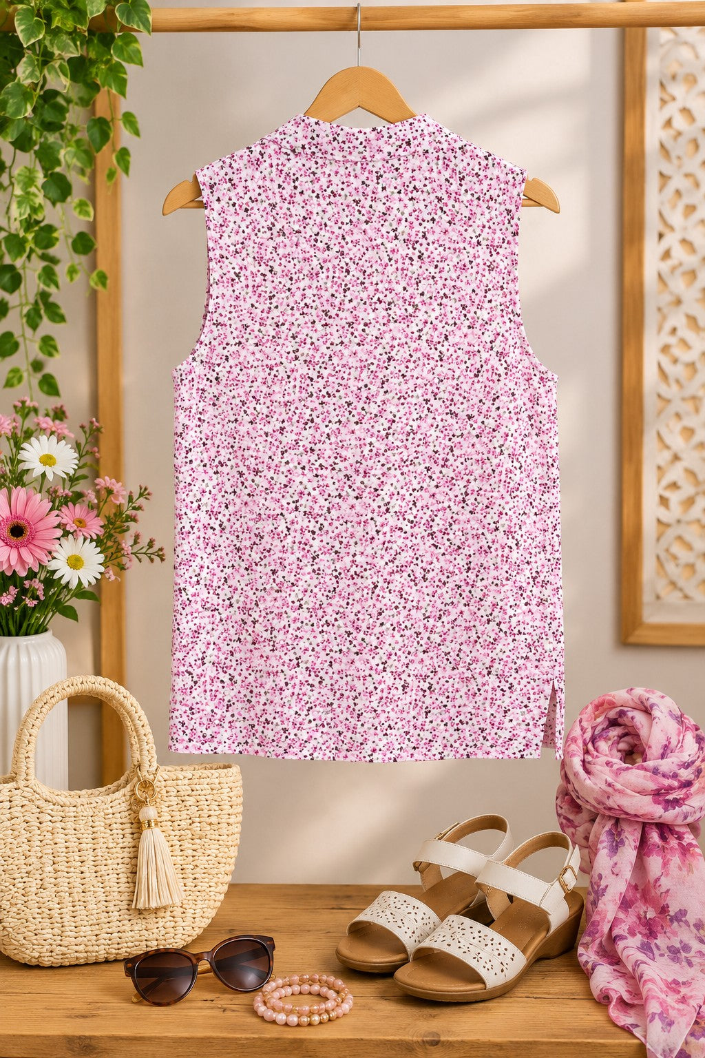 Pink Ditsy Floral Sleeveless Button-Up Blouse - Size Large