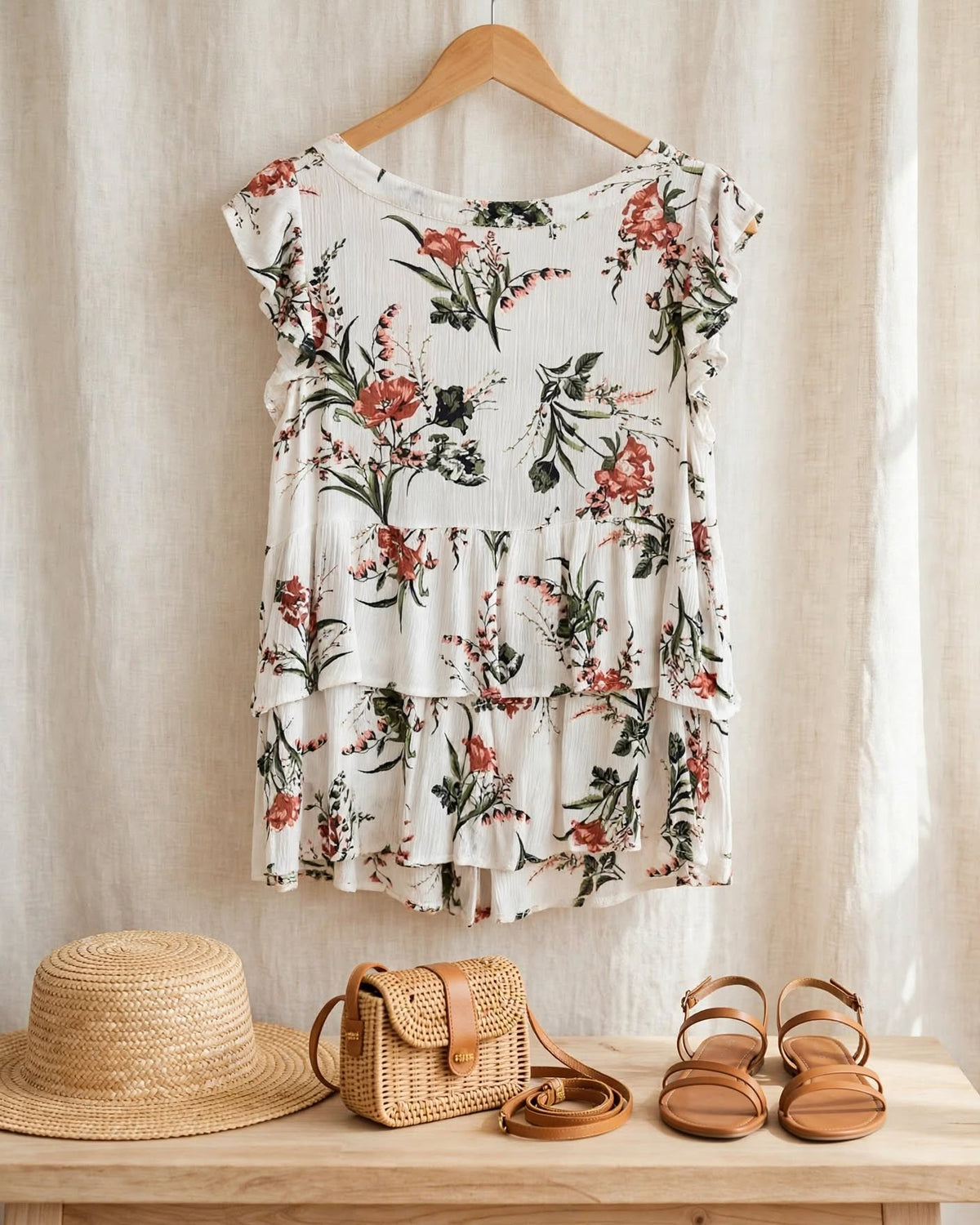 REAL Woman White Floral Sleeveless V-Neck Tiered Ruffle Blouse - Size XS