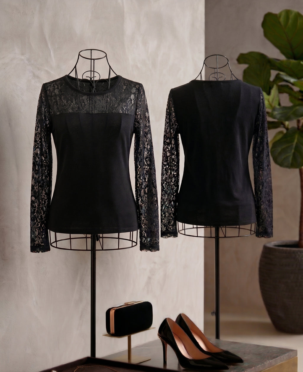 Insync Elegant Black Long Sleeve Lace Detail Blouse - Size Medium