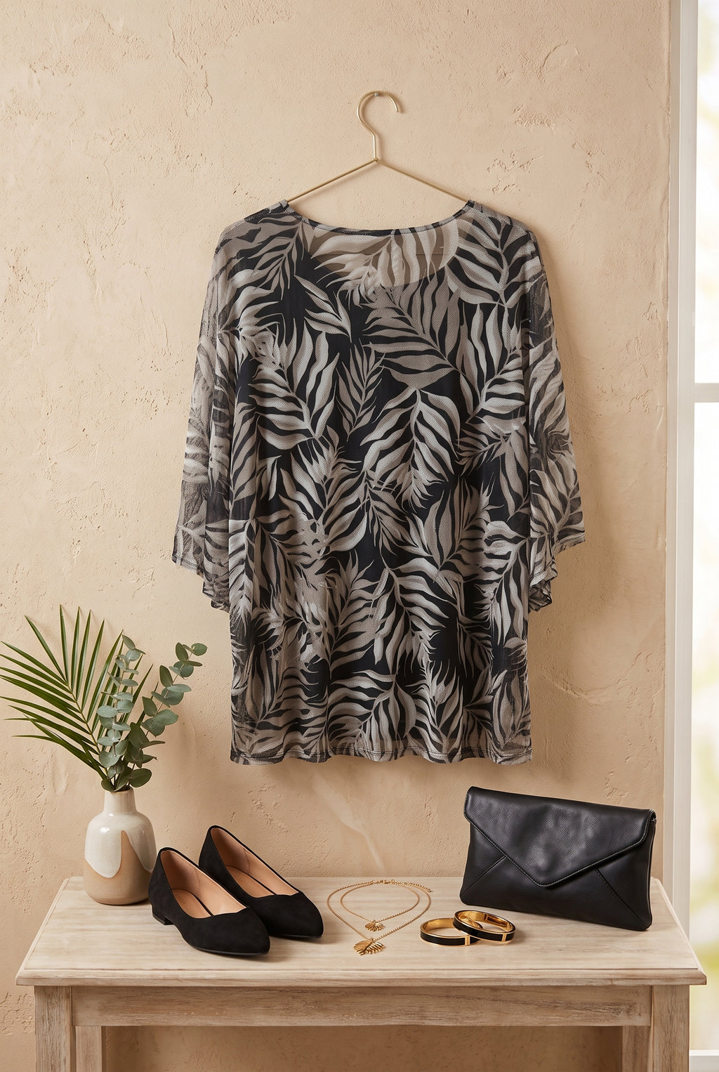 Black and Neutral Beige Palm Leaf Print Chiffon Blouse – Size XL