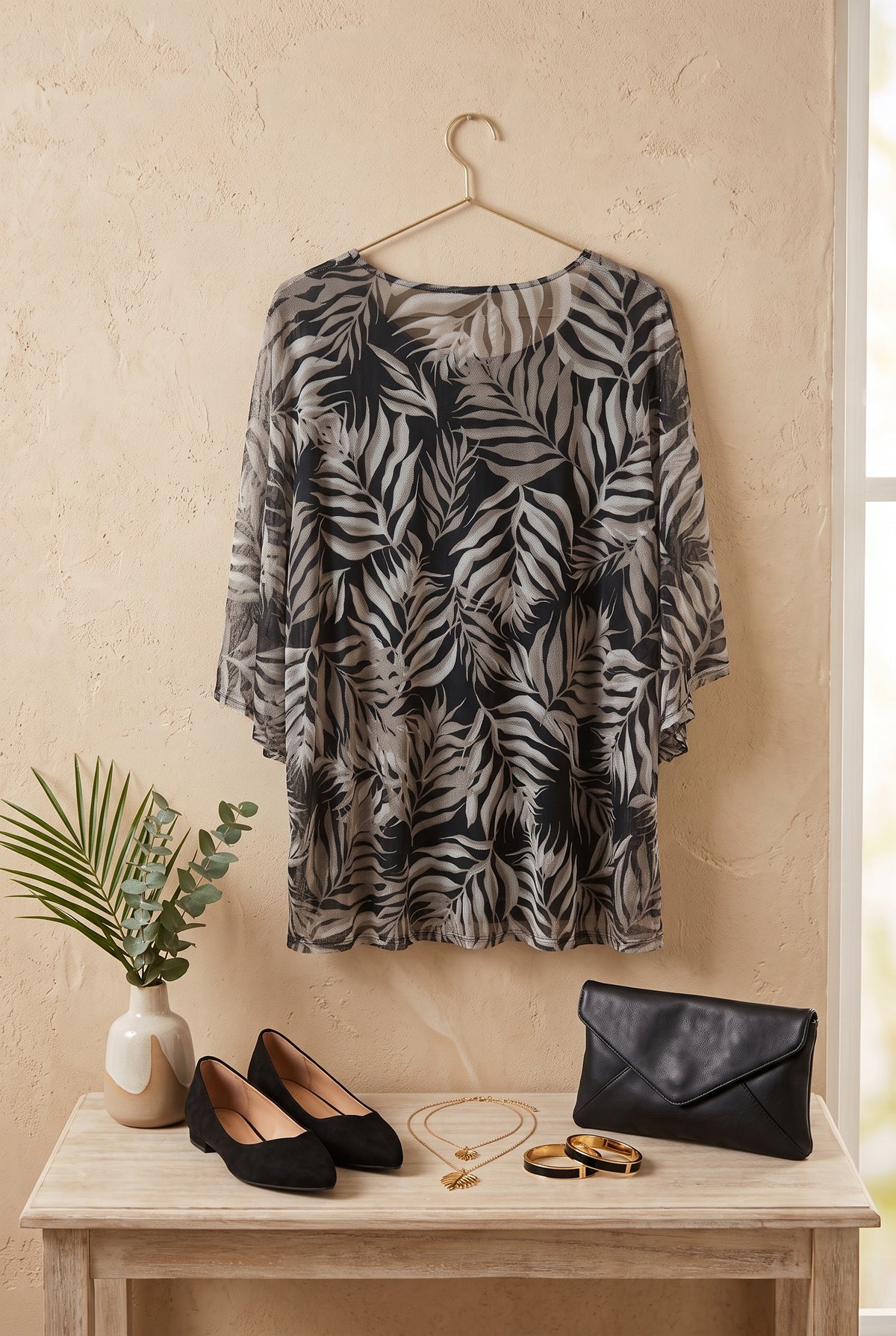 Black and Neutral Beige Palm Leaf Print Chiffon Blouse – Size XL