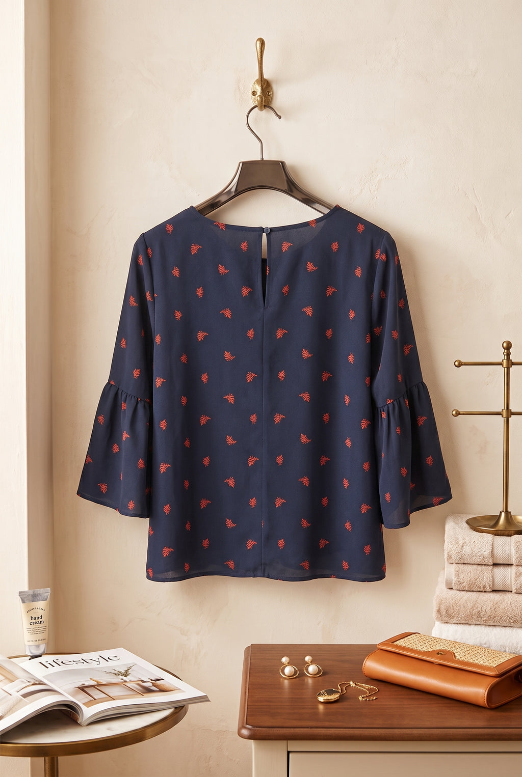 Navy Floral Bell-Sleeve Blouse – Size Large