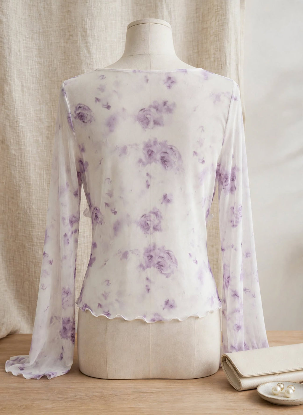 Lilac Floral Mesh Flared Sleeve Wrap Blouse - Size Large