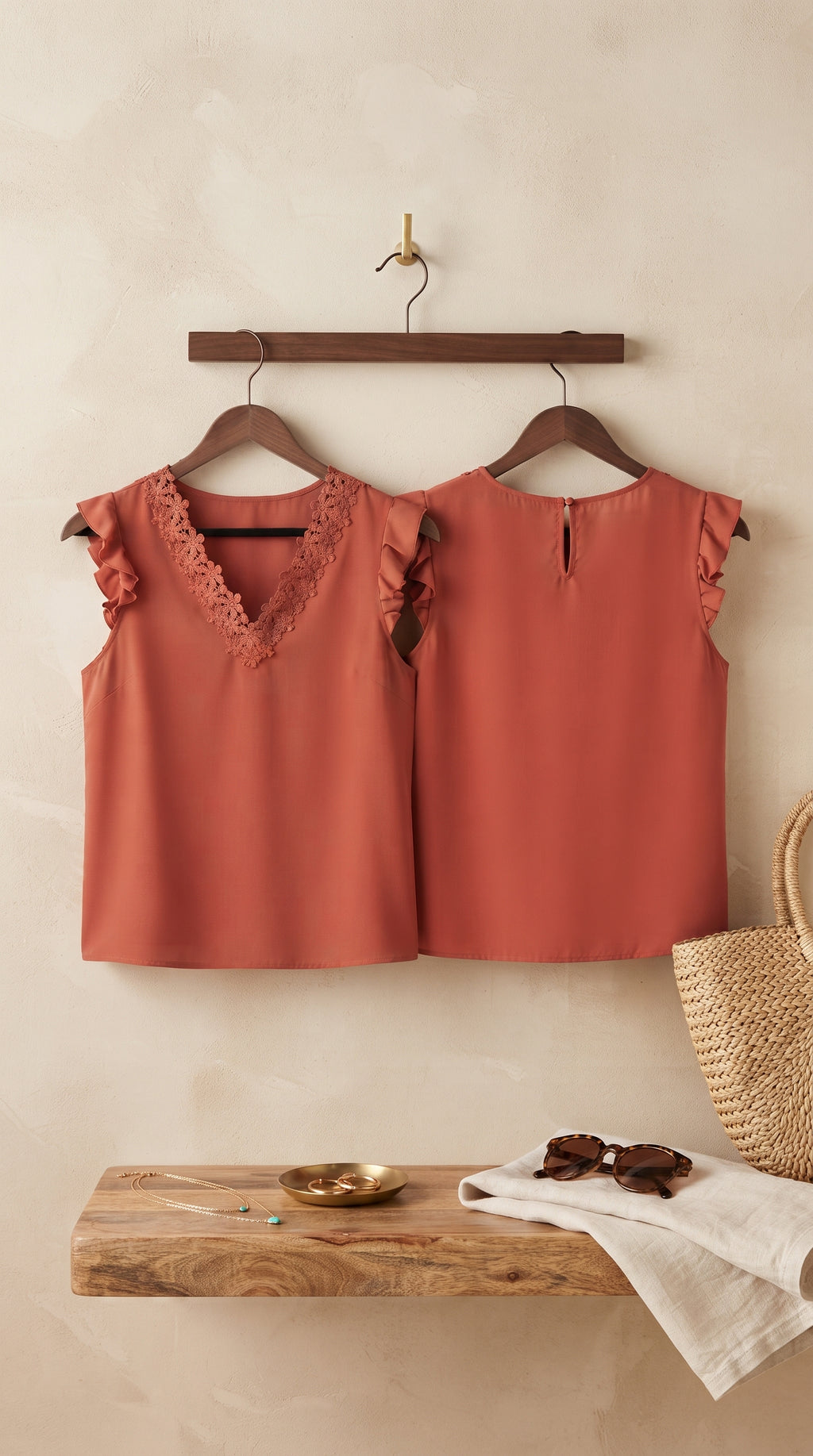 Terracotta Floral Lace-Trim Ruffle Sleeve Blouse – Size XL
