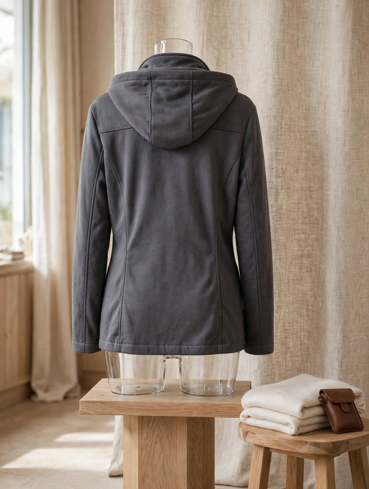 Grey Hooded Button-Up Fleece Jacket – Size 40