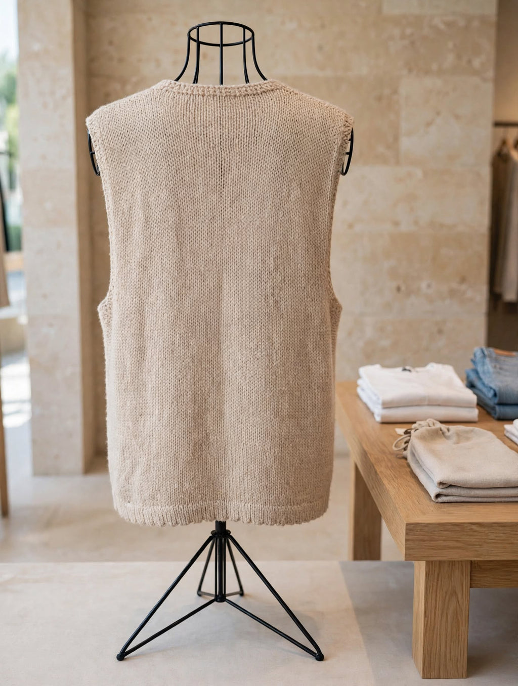 Beige Chunky Knit Open-Front Sleeveless Jersey Vest - Size Large