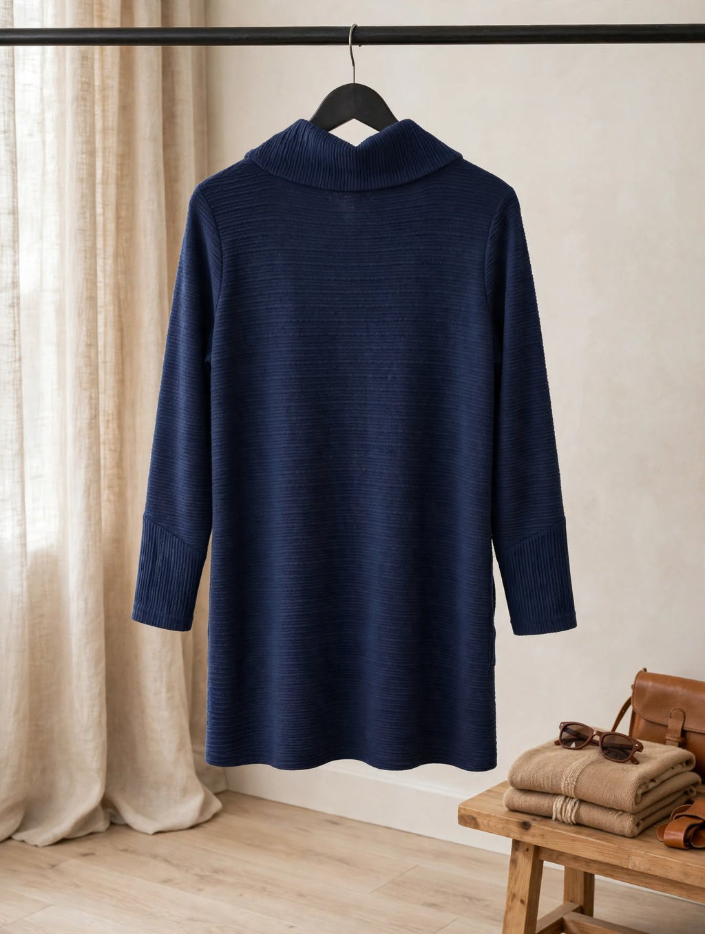 Hayley Joy Navy Cowl Neck Ribbed Tunic with Pockets - Size Large