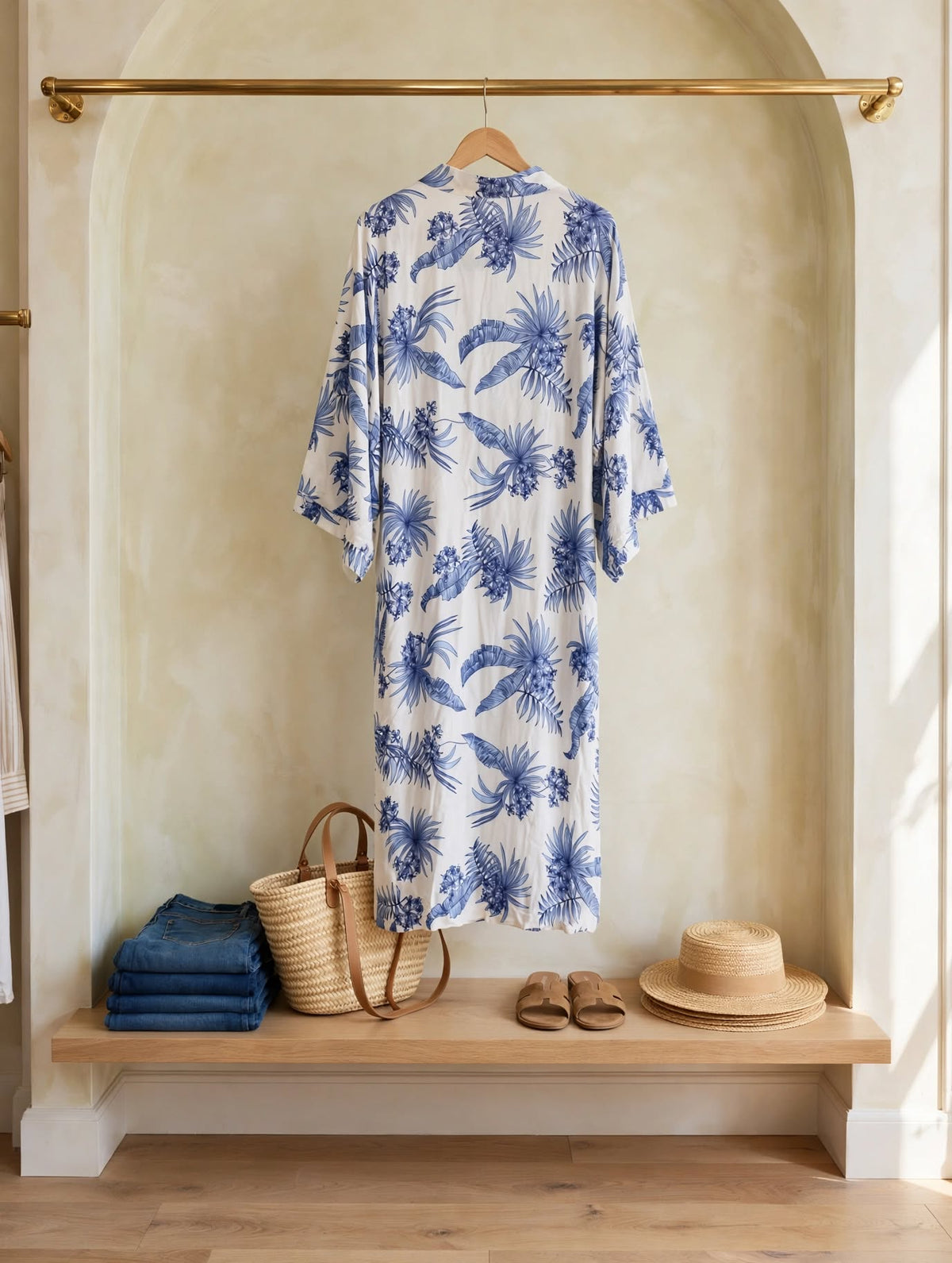 REAL Woman White & Blue Tropical Long Kimono Throwover - Size 2XL