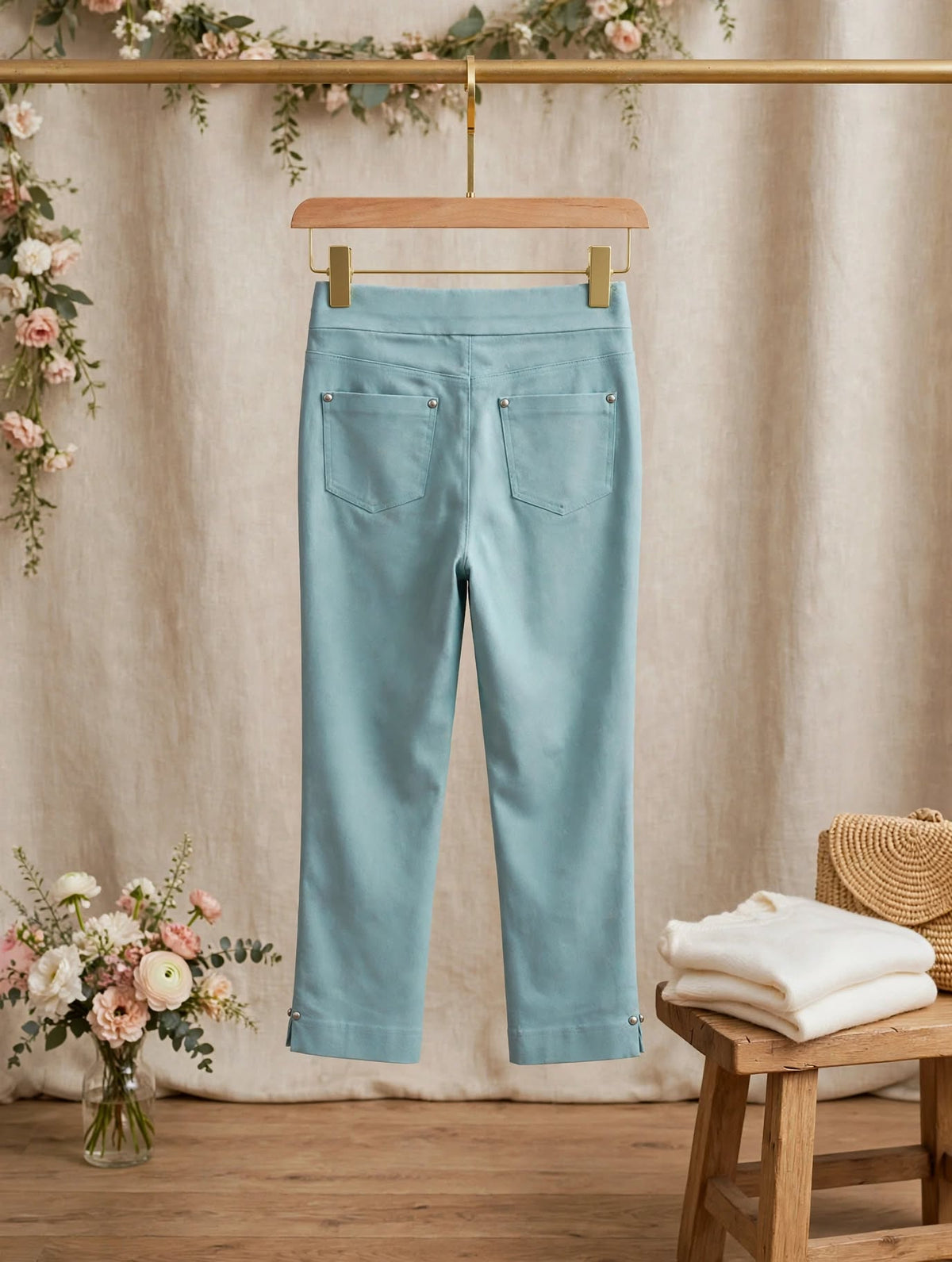 Dusty Aqua Blue 3/4 Capri Crop Pants with Silver Stud Detail - Size 2XL
