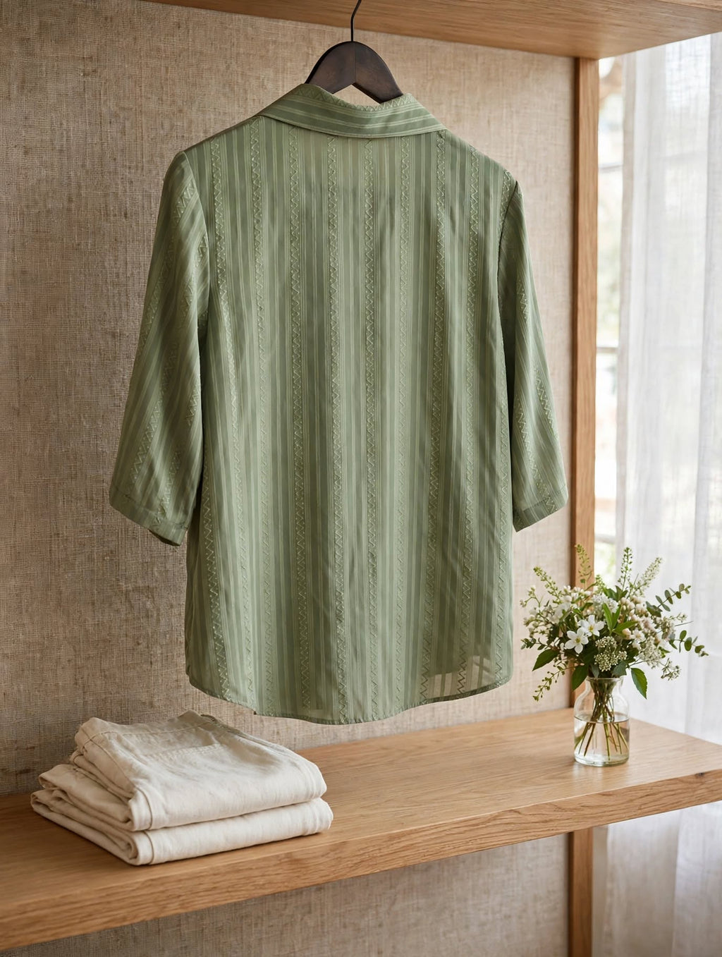 Sage Green Relaxed 3/4 Sleeve Button-Up Textured Stripe Blouse - Size Large