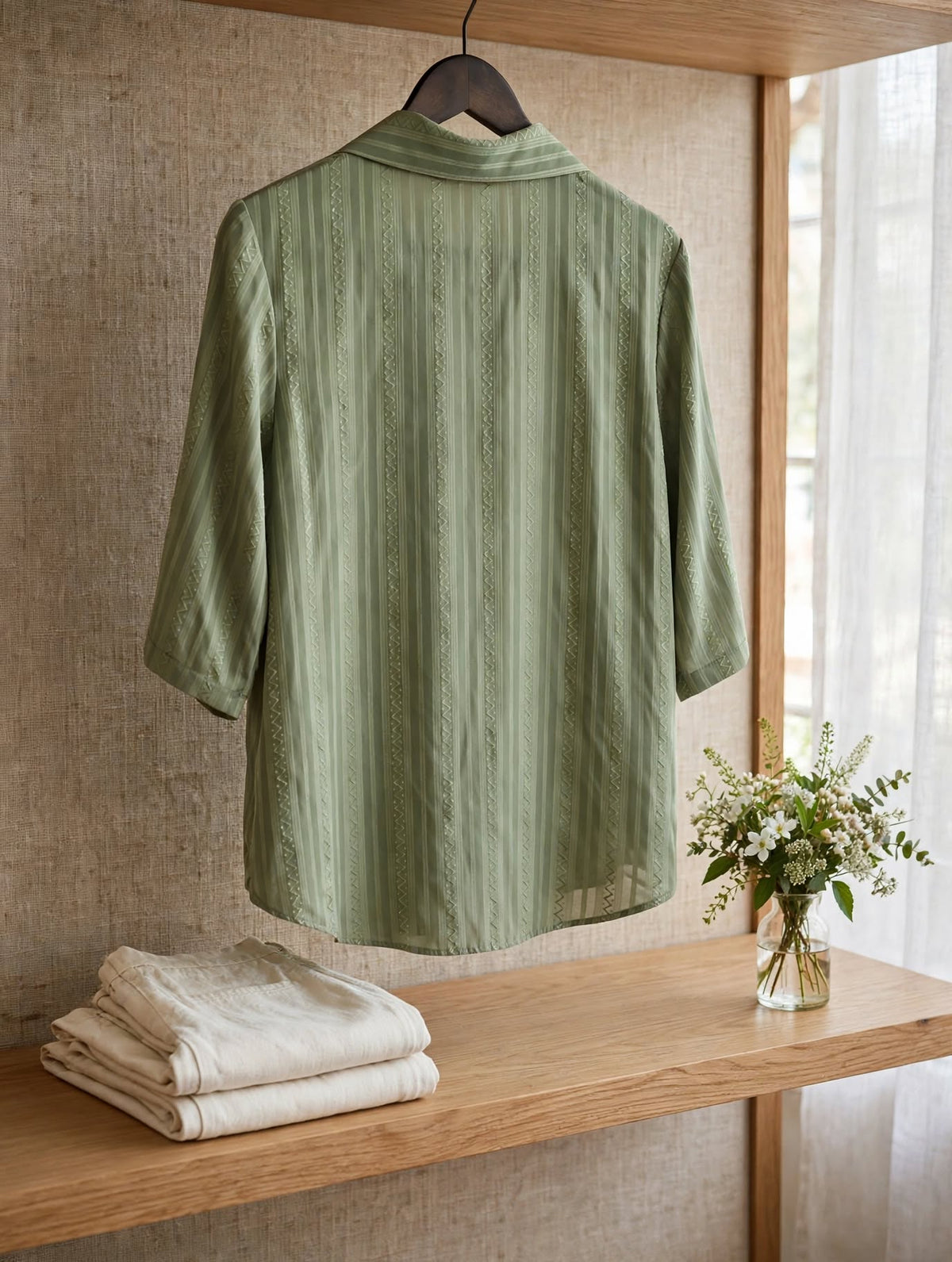 Sage Green Relaxed 3/4 Sleeve Button-Up Textured Stripe Blouse - Size Large