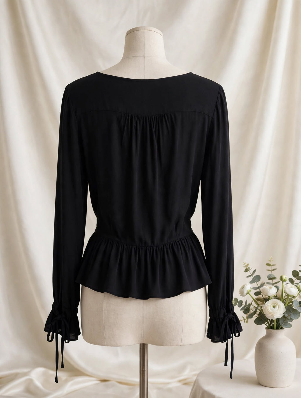 Cotton On Black Tie-Cuff Wrap Peplum Blouse - Size Small