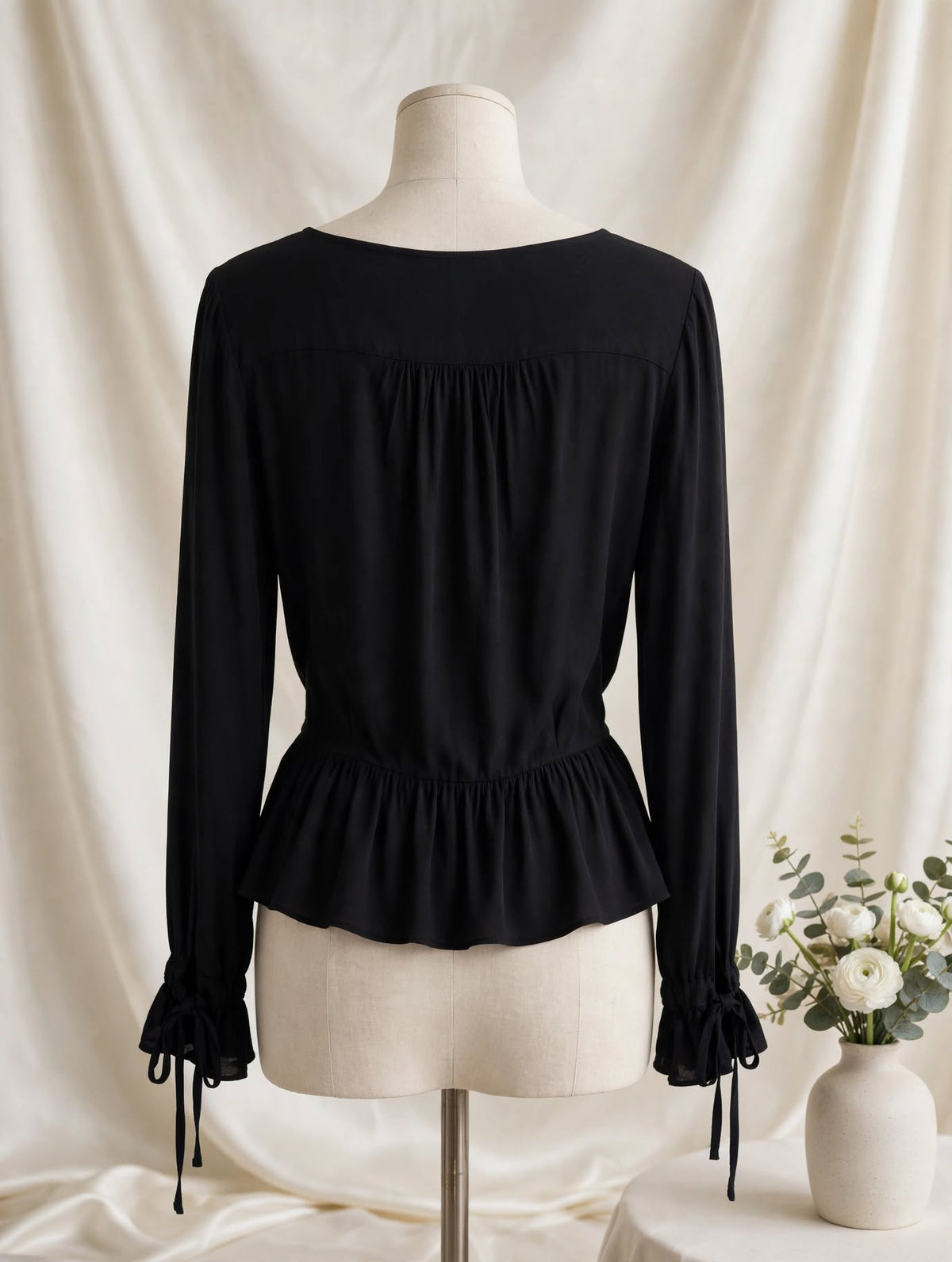 Cotton On Black Tie-Cuff Wrap Peplum Blouse - Size Small
