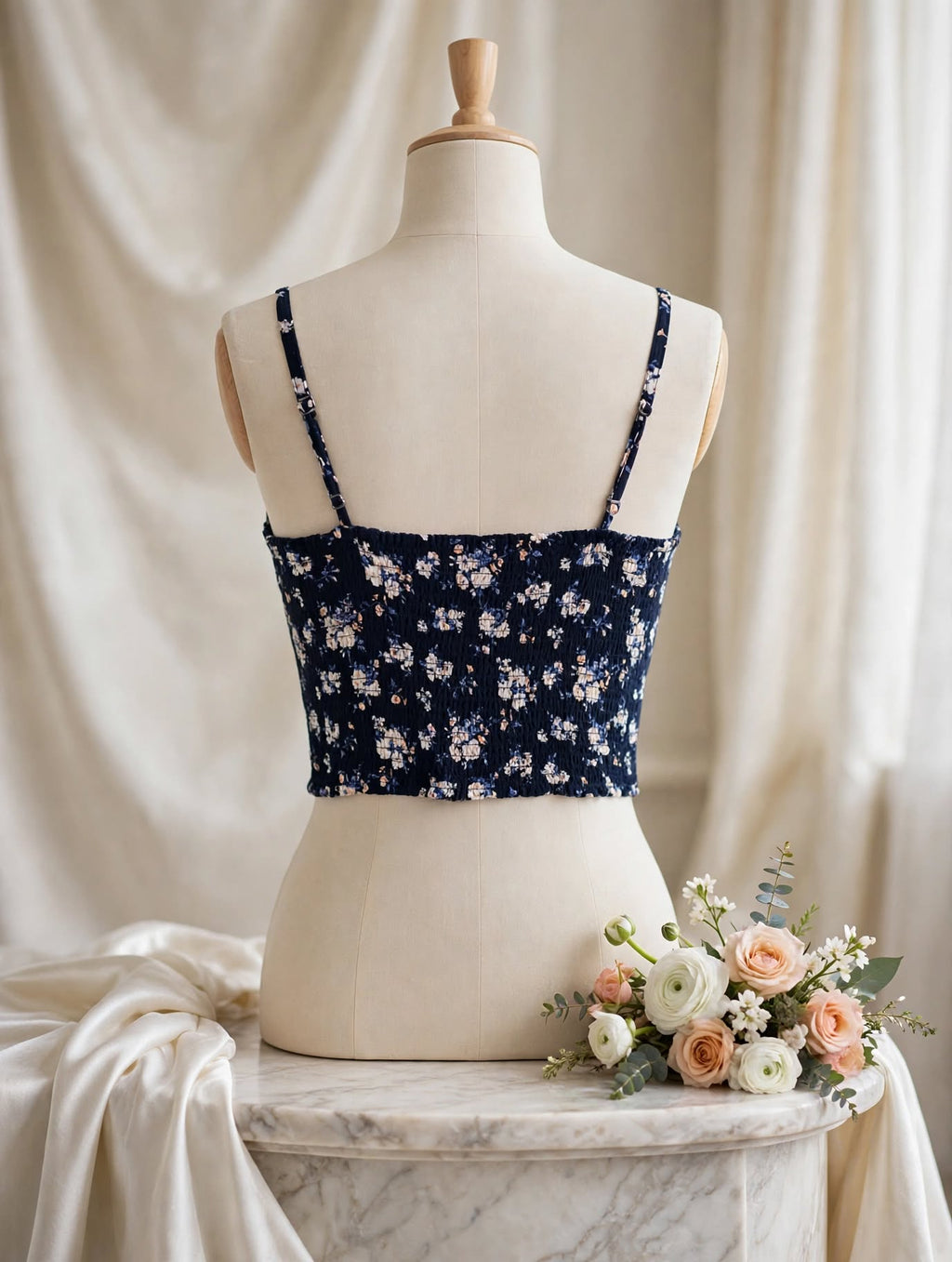 Cherokee Navy Floral Smocked Crop Cami - Size Medium