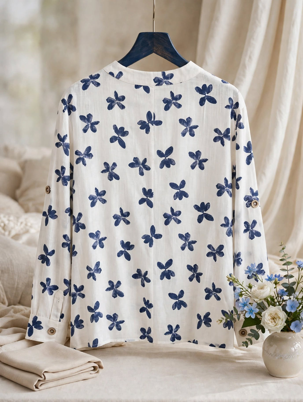 White & Indigo Floral Blouse - Size 2XL