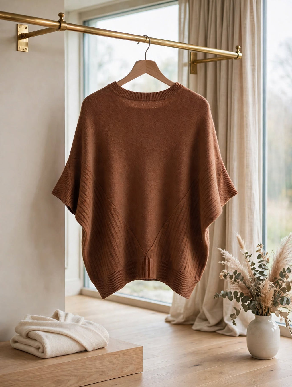 Caramel Short-Sleeve Batwing Poncho Knit - Size Medium