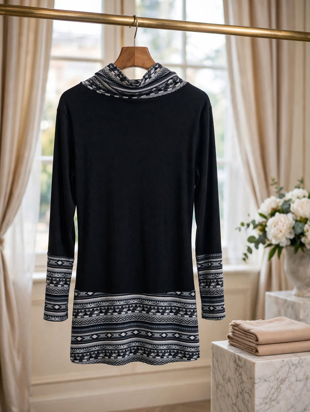 Miusey Black Aztec Cowl Neck Tunic - Size Large