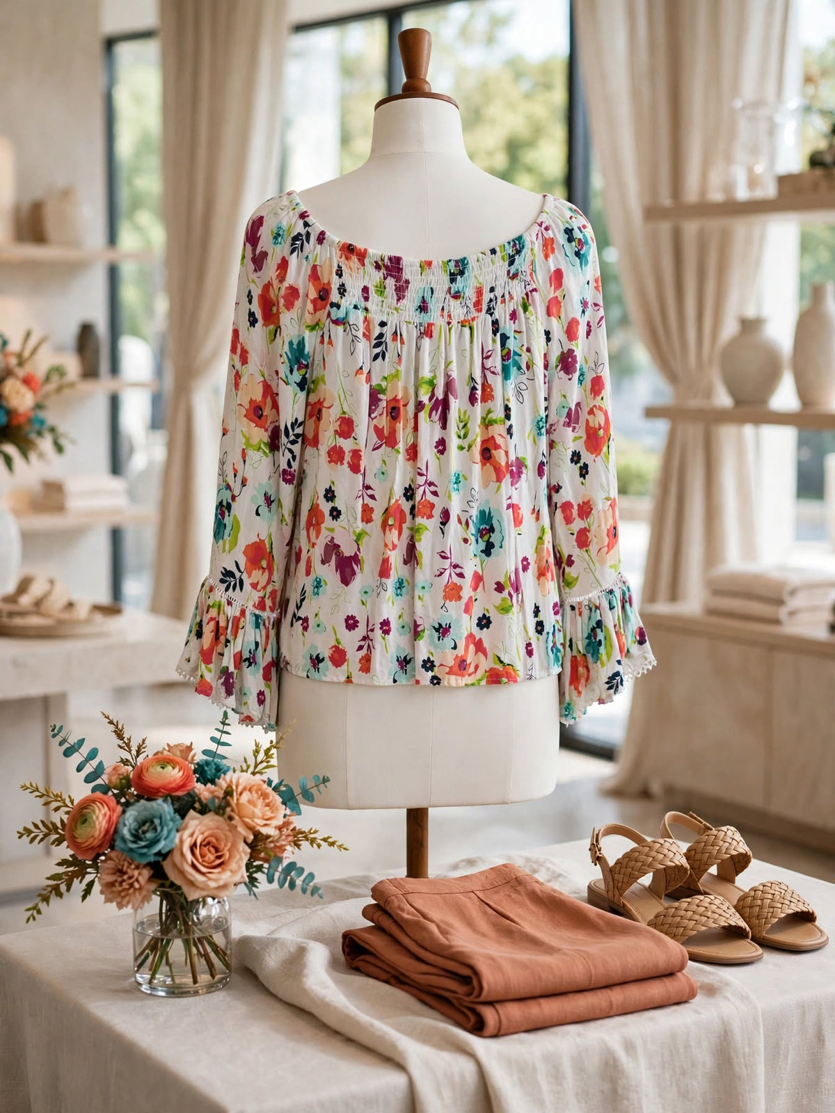 Terra & Sky Floral Off-Shoulder Boho Blouse - Size 42
