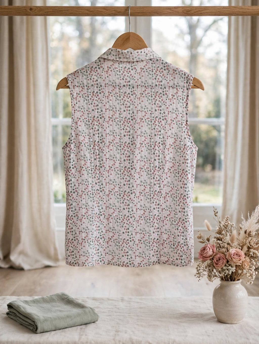 White with Dusty Pink & Black Daisy Sleeveless Ditsy Floral Blouse
