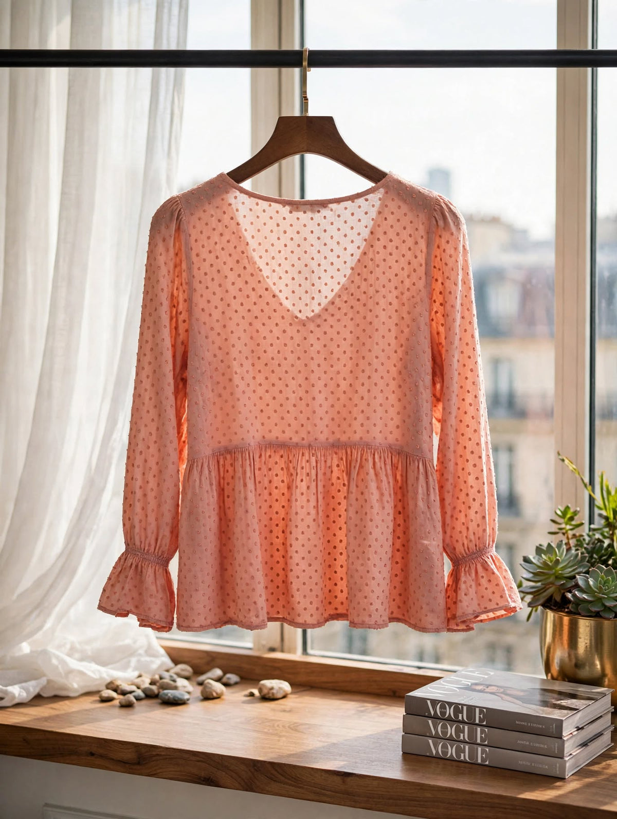 Woolworths Peach Pink Dobby Dot Peplum Blouse - Size 10
