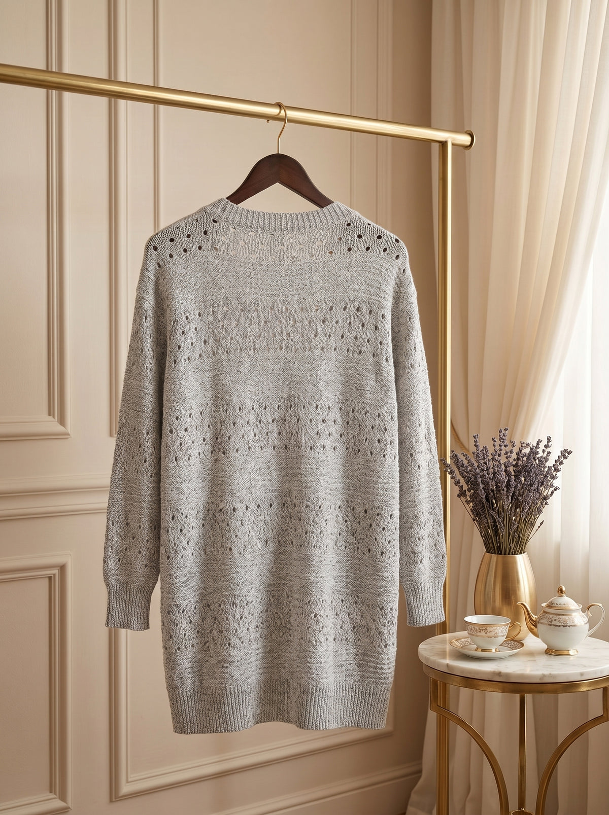 Light Grey Pointelle Knit Winter Jersey – Size Medium
