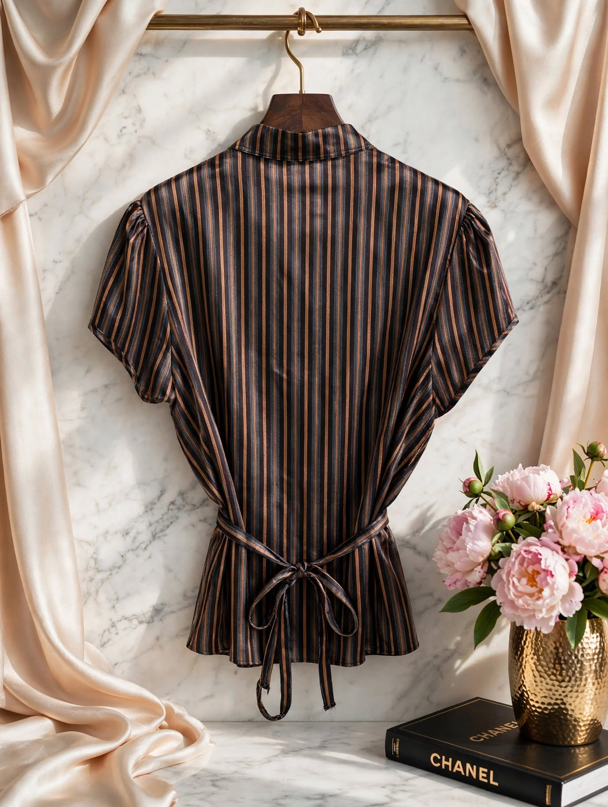 Black & Bronze Stripe Satin Ruffle Tie-Waist Summer Blouse - Size 2XL