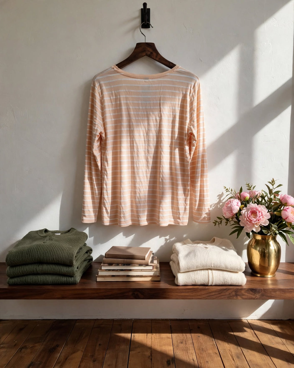 Woolworths Striped Light Peach & White Long Sleeve Top - Size Large
