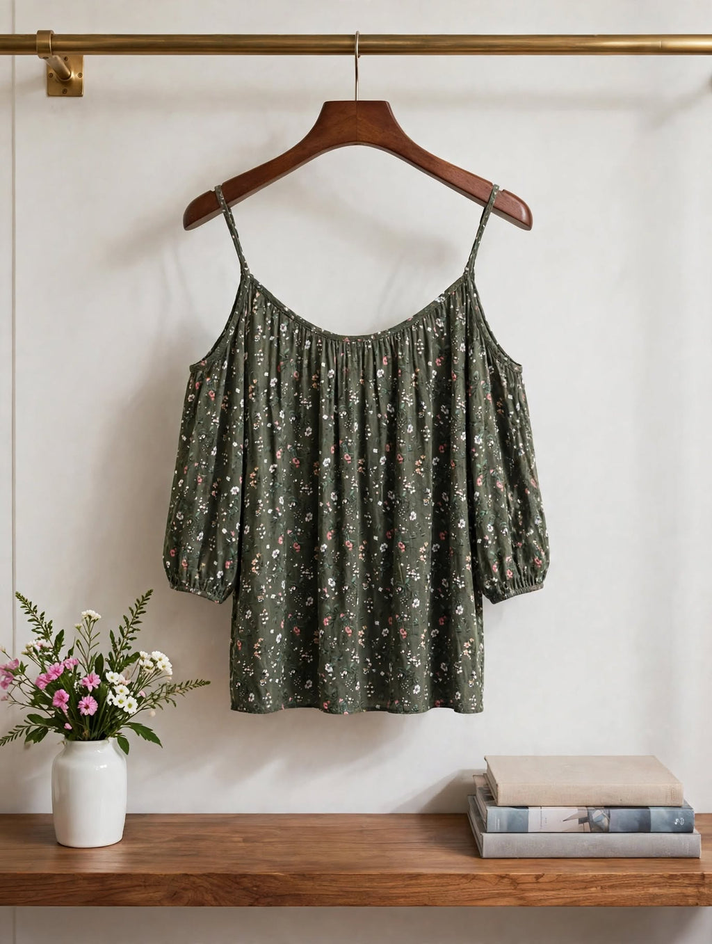 REAL Basics Green Floral Cold Shoulder Blouse - Size Large