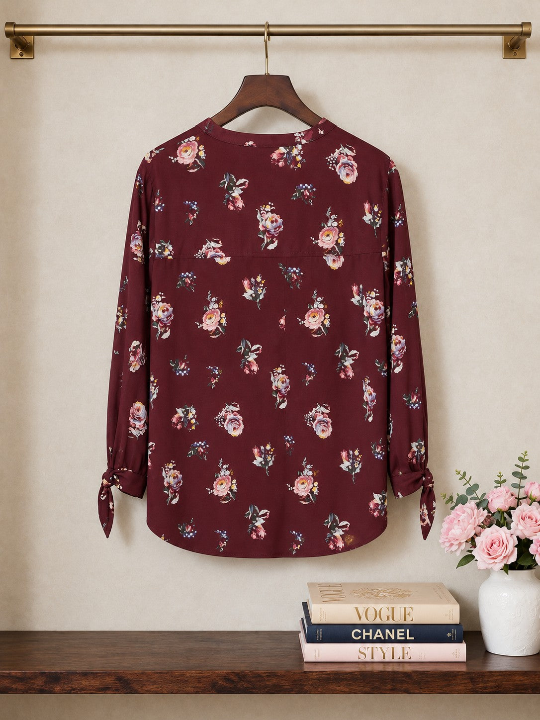 Cherokee Deep Burgundy Floral Cotton Blouse - Size Large
