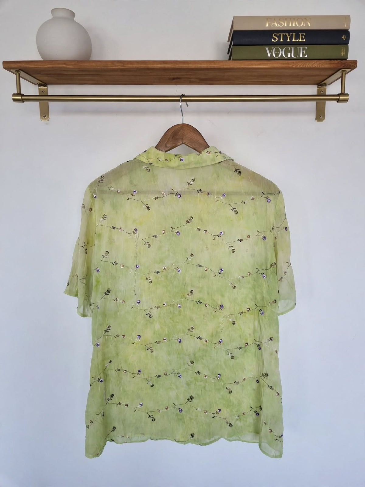 ML Classics Pale Lime Crinkle Sheer Embroidered Blouse with Sequin Vines - Size 40