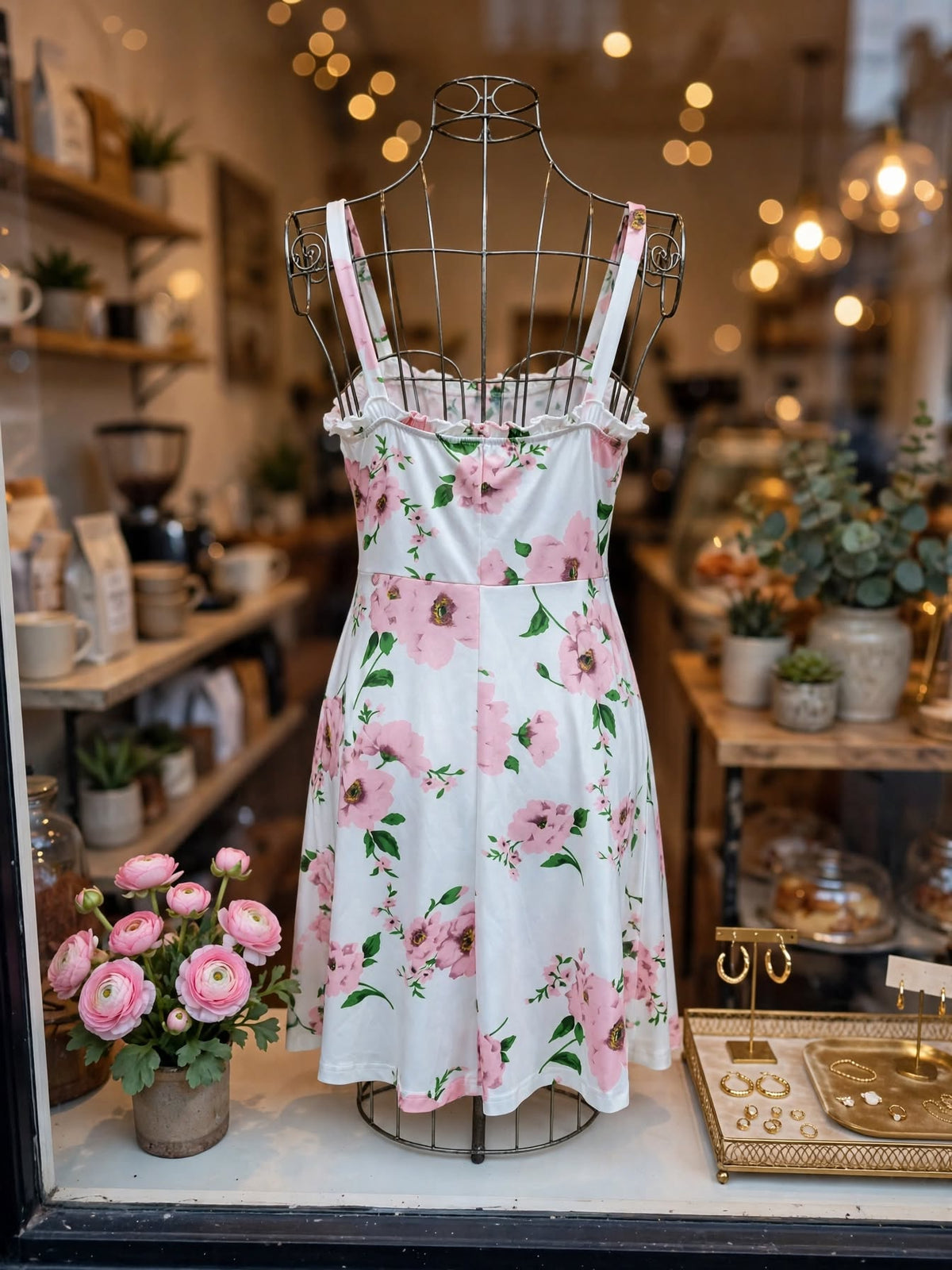 White Pink Floral TSpaghetti Strap Ruffle Dress - Size XL