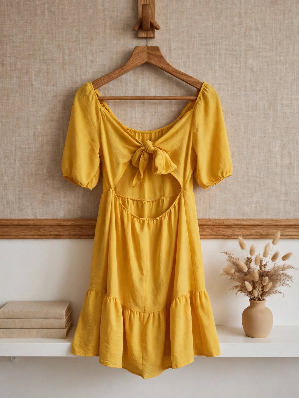 Casual Yellow Open Back Bow Tie Midi Dress  - Size 36