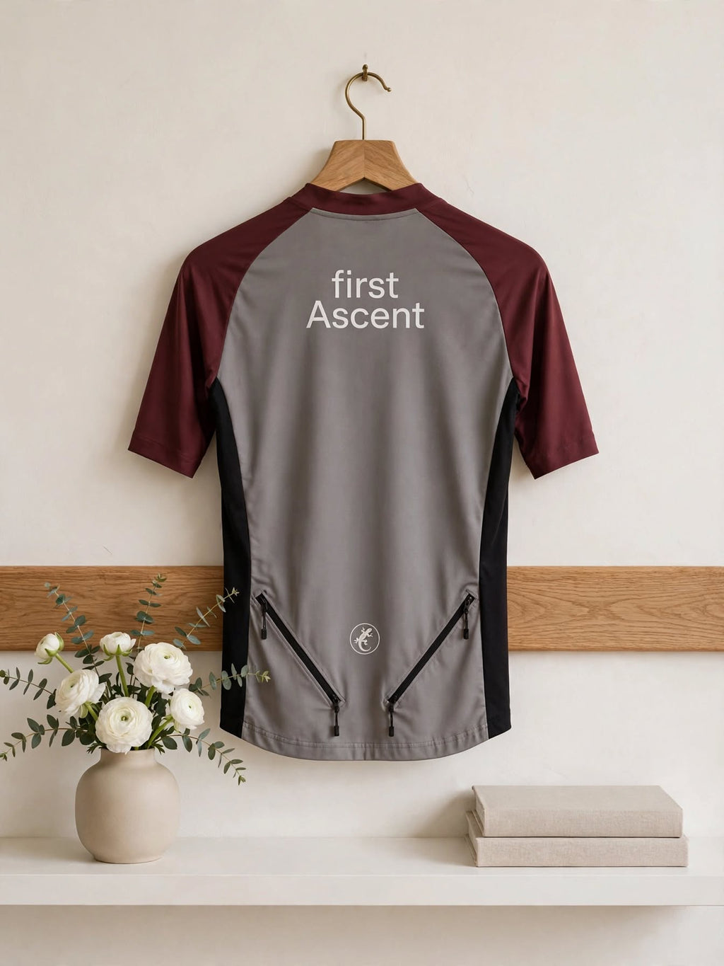 First Ascent Unisex Grey Maroon, Burgundy & Black Zip Cycling Shirt - Size Large