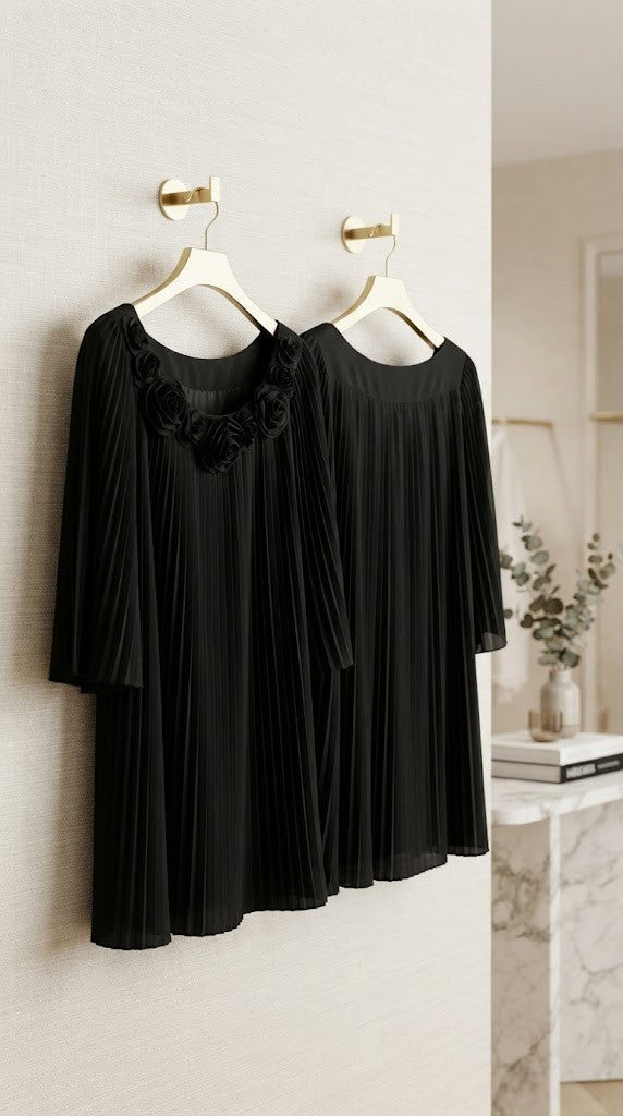 Queenspark Elegant Black Pleated Rose-Detail Dress – Size 48