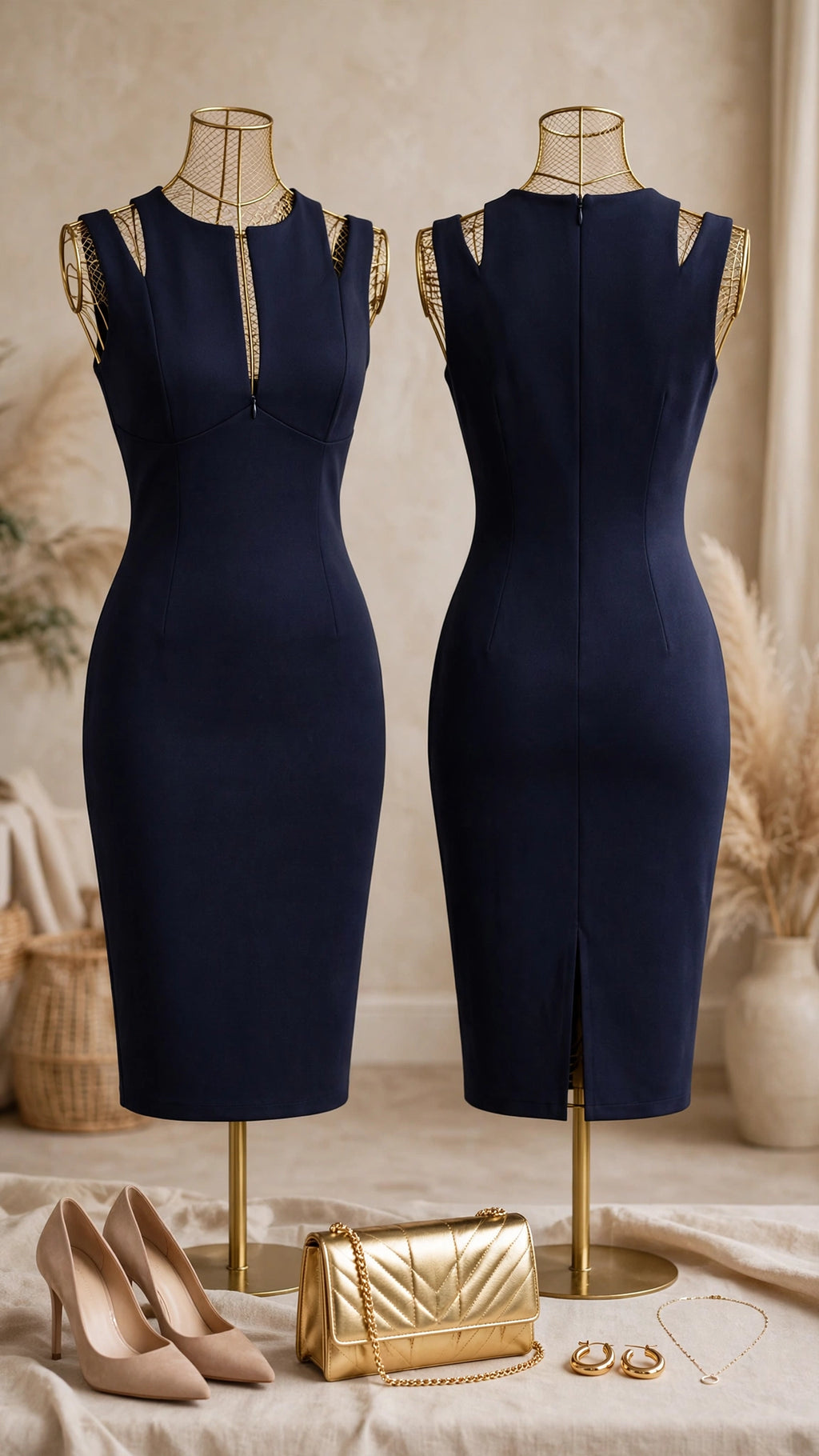 Elegant City Goddess Navy Sleeveless Bodycon Midi Cocktail Dress - Size 36