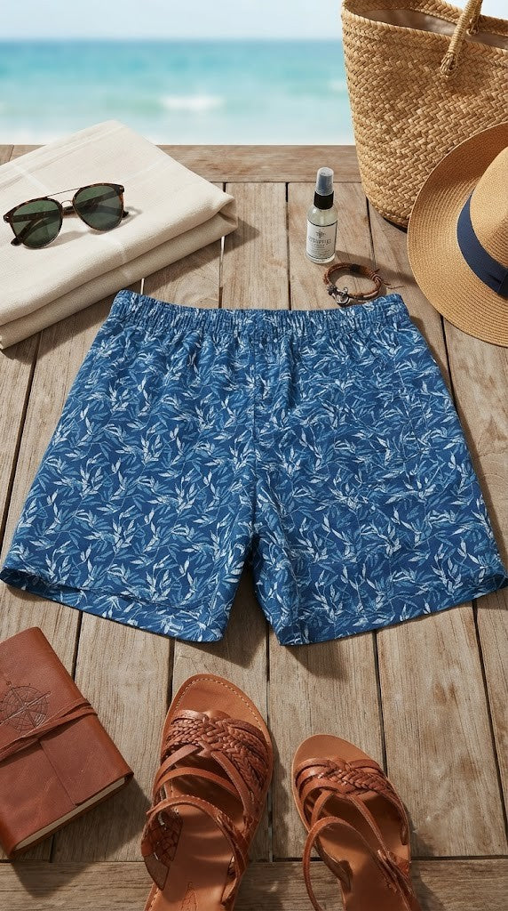 REAL Swim Brand Men's Printed Swim Shorts - Blue Leaf Pattern - Size XL - 100% Polyester