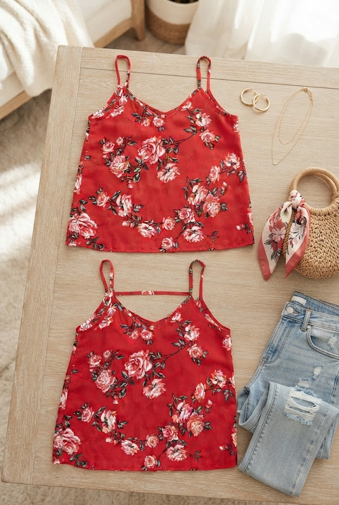 Free 2BU Floral Cami Blouse – Red Rose Print – Size 34 (Excellent Condition)